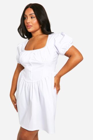 Womens Plus Bengaline Puff Sleeve Milkmaid Skater Dress - White - 16, White