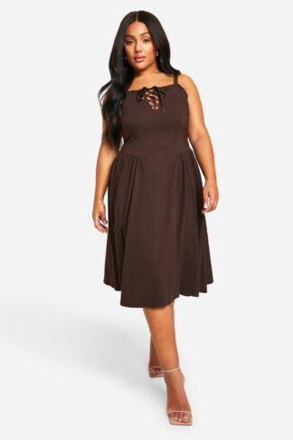 Womens Plus Bengaline Tie Milkmaid Dress - Brown - 28, Brown