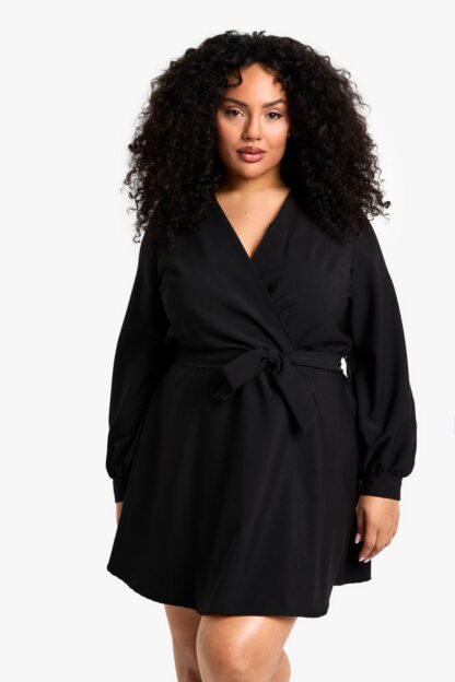 Womens Plus Blouson Sleeve Mini Wrap Dress - Black - 16, Black