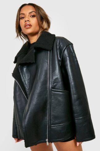 Womens Plus Borg Collar Aviator Jacket - Black - 28, Black