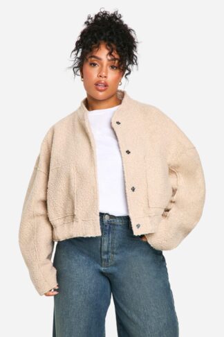 Womens Plus Boucle Bomber Jacket - Beige - 16, Beige