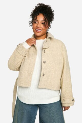 Womens Plus Boucle Wool Look Short Trench Coat - Beige - 16, Beige