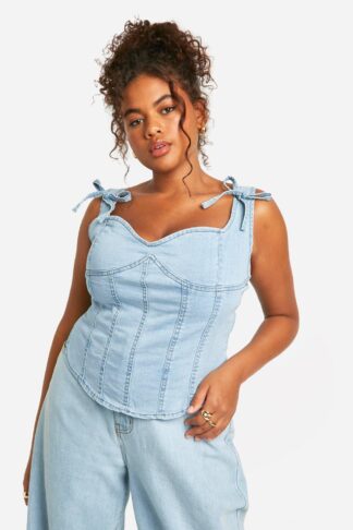 Womens Plus Bow Detail Denim Corset Top - White - 28, White