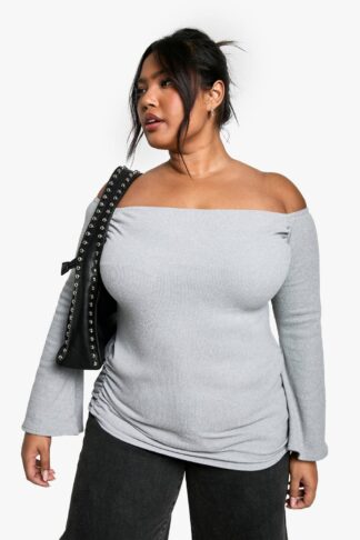 Womens Plus Brushed Rib Boat Neck Flared Sleeve Top - Grey - 16, Grey
