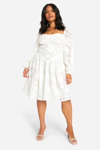 Womens Plus Burnout Corset Detail Long Sleeve Skater Dress - White - 16, White