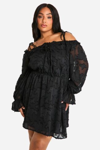Womens Plus Burnout Floral Lace Up Front Mini Dress - Black - 16, Black