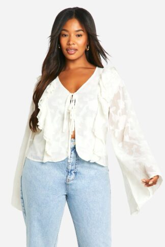 Womens Plus Burnout Floral Tie Front Ruffle Blouse - White - 26, White