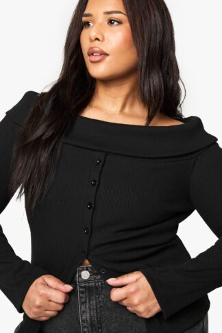 Womens Plus Button Down Bardot Rib Top - Black - 16, Black