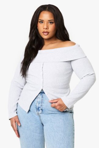 Womens Plus Button Down Bardot Rib Top - Grey - 16, Grey