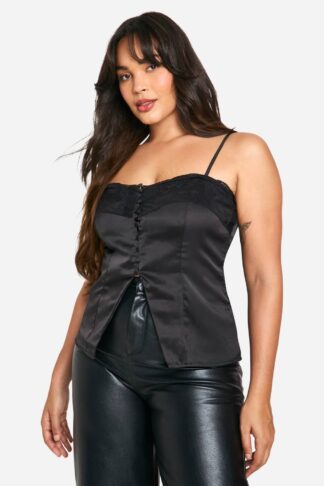 Womens Plus Button Front Lace Detail Cami Top - Black - 28, Black