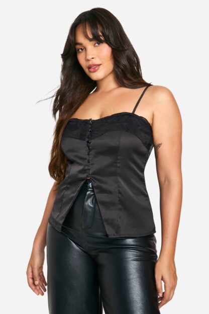 Womens Plus Button Front Lace Detail Cami Top - Black - 28, Black