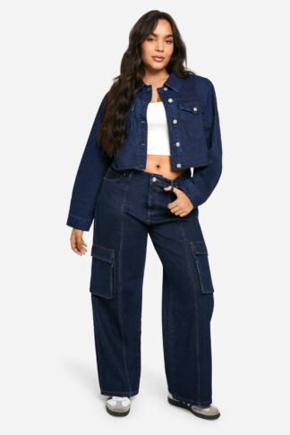 Womens Plus Cargo Pocket Raw Indigo Contrast Stitch Denim Jean - Blue - 16, Blue