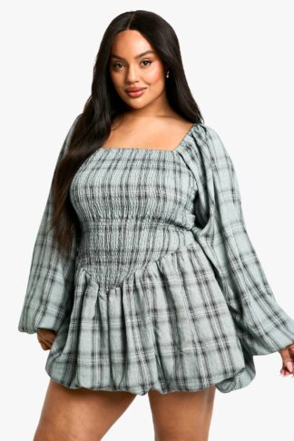 Womens Plus Checked Puff Ball Shirred Dress - Blue - 16, Blue