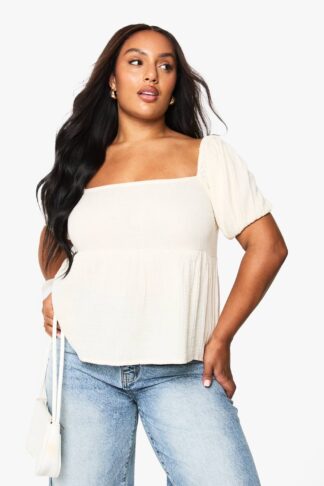 Womens Plus Cheesecloth Puff Sleeve Shirred Crop Top - White - 16, White
