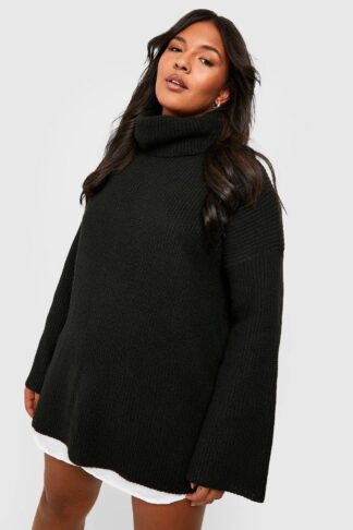 Womens Plus Chunky Knit Roll Neck 2 In 1 Shirt Dress - Black - 16-18, Black