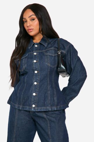 Womens Plus Cinched Waist Contrast Stitch Raw Indigo Denim Jacket - Blue - 16, Blue
