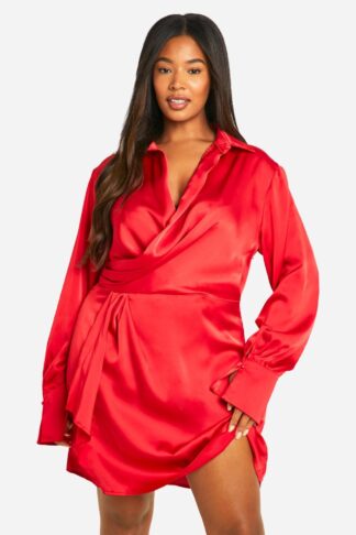 Womens Plus Collared Plunge Neck Mini Shirt Dress - 28, Red