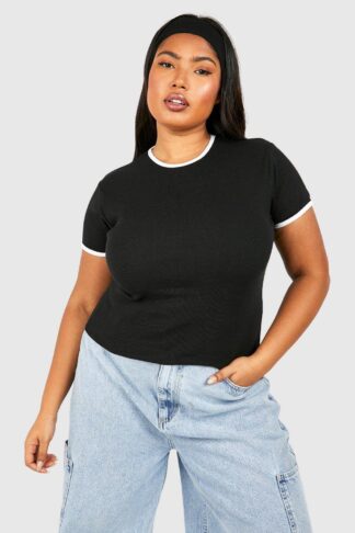 Womens Plus Contrast Binding Crew Neck Top - Black - 20, Black