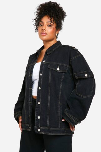 Womens Plus Contrast Stitch Denim Jacket - Black - 16, Black