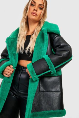 Womens Plus Contrast Trim Longline Aviator Jacket - Green - 28, Green