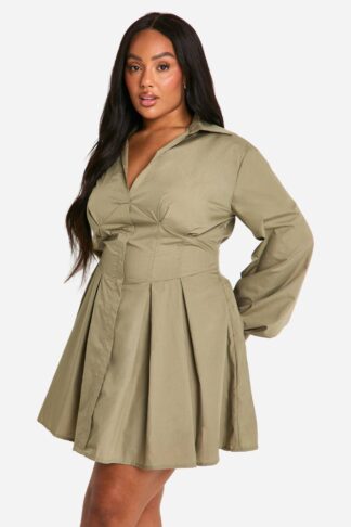 Womens Plus Corset Detail Shirt Dress - Green - 16, Green