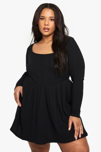 Womens Plus Cotton Rib Scoop Neck Skater Dress - Black - 16, Black