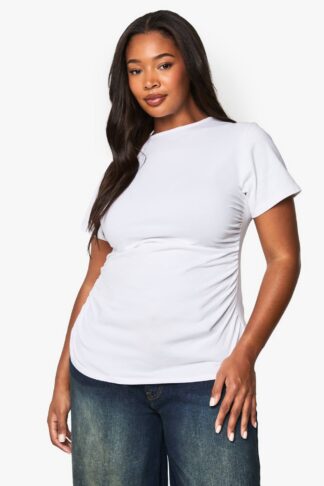 Womens Plus Cotton Ruched Side Short Sleeve T-Shirt - White - 28, White