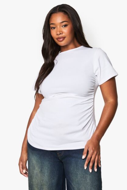 Womens Plus Cotton Ruched Side Short Sleeve T-Shirt - White - 28, White