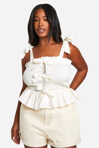 Womens Plus Cotton Shirred Bow Crop Top - White - 28, White