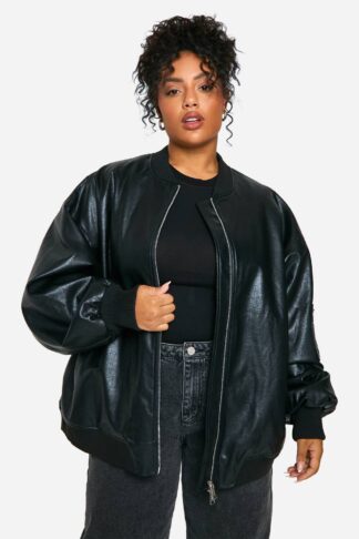 Womens Plus Cracked Faux Leather Oversized Bomber Jacket - Black - 18, Black