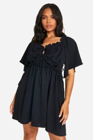 Womens Plus Crinkle Milkmaid Ruffle Skater Dress - Black - 28, Black