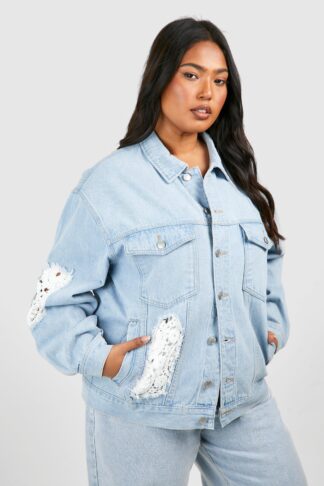 Womens Plus Crochet Mix Oversized Denim Jacket - Blue - 22, Blue