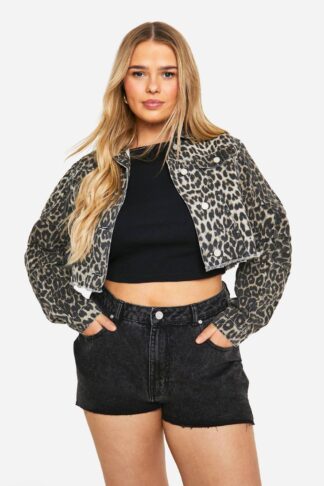 Womens Plus Cropped Oversized Leopard Denim Jacket - Multi - 28, Multi