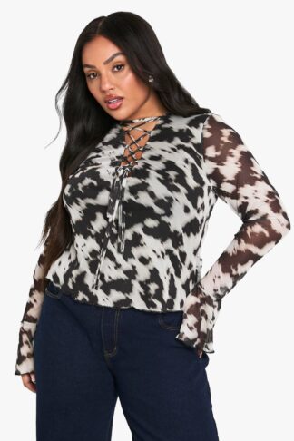 Womens Plus Cross Plunge Detail Flare Sleeve Long Sleeve Top - Brown - 16, Brown