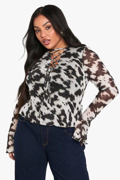 Womens Plus Cross Plunge Detail Flare Sleeve Long Sleeve Top - Brown - 16, Brown