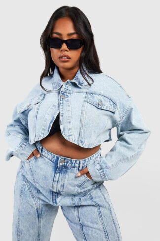 Womens Plus Curved Hem Crop Denim Jacket - Blue - 18, Blue
