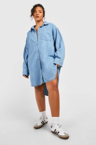 Womens Plus Denim Dipped Hem Shirt Dress - Blue - 20, Blue
