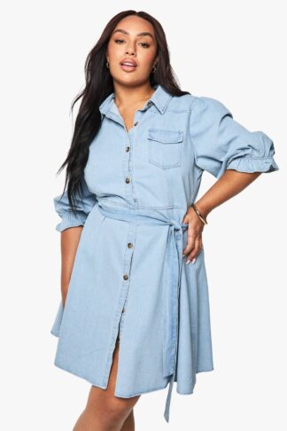 Womens Plus Denim Pocket Tie Belt Skater Dress - White - 26, White