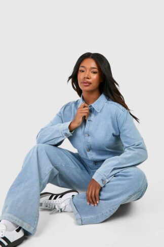 Womens Plus Denim Roll Hem Boilersuit - Blue - 28, Blue