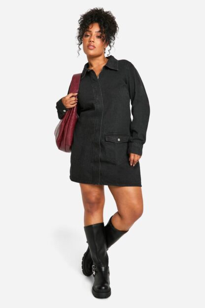 Womens Plus Denim Shift Dress - Black - 28, Black