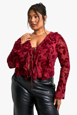 Womens Plus Devore Tie Front Blouse - Red - 28, Red