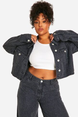 Womens Plus Distressed Detail Denim Jacket - Grey - 28, Grey