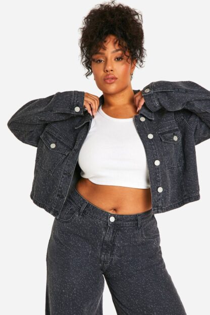 Womens Plus Distressed Detail Denim Jacket - Grey - 28, Grey