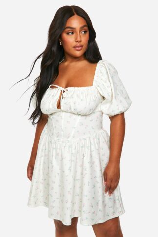 Womens Plus Ditsy Milkmaid Skater Dress - Yellow - 16, Yellow