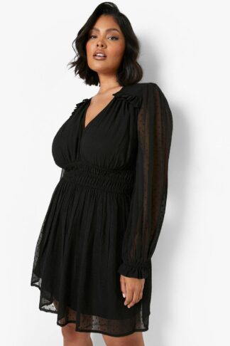 Womens Plus Dobby Long Sleeve Skater Dress - Black - 26, Black