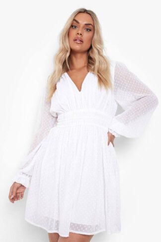 Womens Plus Dobby Long Sleeve Skater Dress - White - 28, White