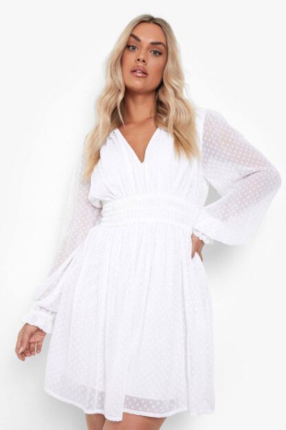 Womens Plus Dobby Long Sleeve Skater Dress - White - 28, White