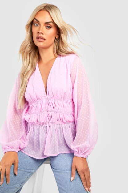 Womens Plus Dobby Ruched Blouse - Purple - 22, Purple