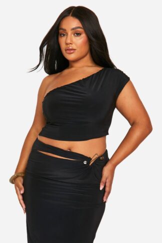 Womens Plus Double Layer Slinky Asymmetric Bardot Top - Black - 16, Black