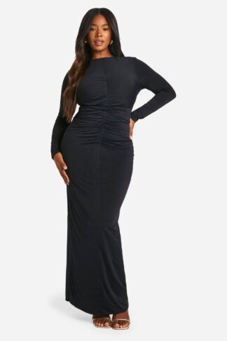 Womens Plus Double Slinky Ruched Maxi Dress - Black - 26, Black